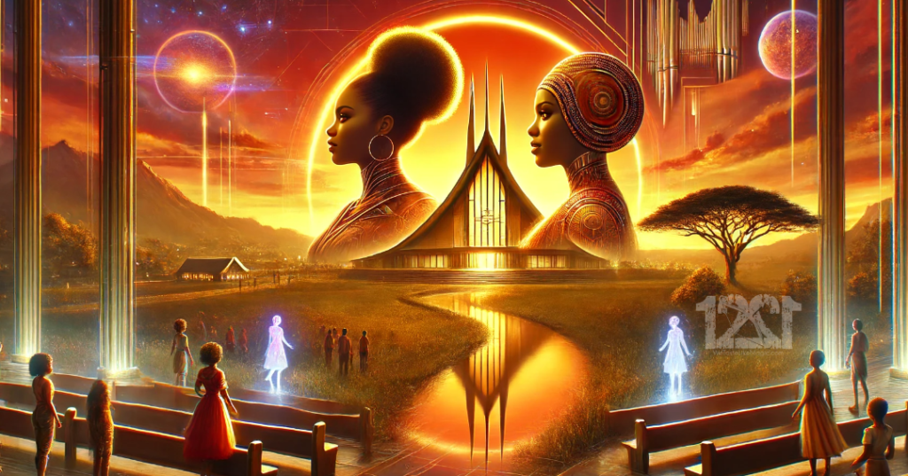 two black women standing together confidently in a vibrant, afrofuturism-inspired setting